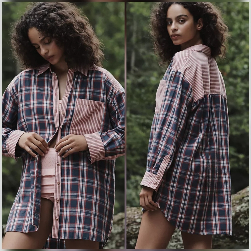 Anthropologie New Oversized Boyfriend Plaid Striped Buttondown Shirt Size XS